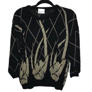 Vintage Gold Black Knit 3/4 Sleeve Blouse Top